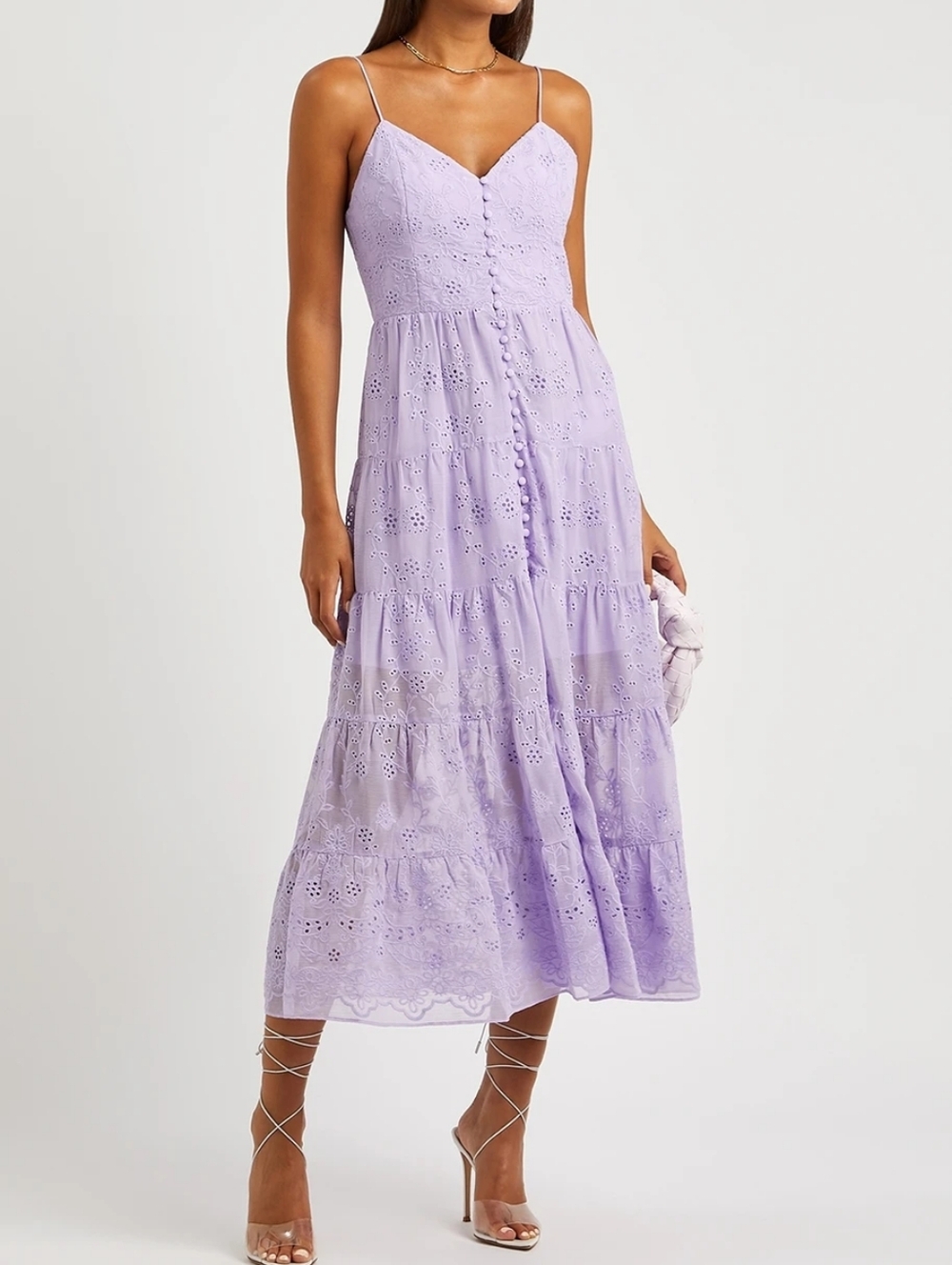 ALICE + OLIVIA LAVENDER SHANTI EYELET LACE BUTTON FRONT MAXI DRESS